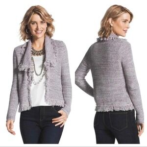 Chico's Freida Fringe Open Knit Cardigan Sweater Gray Lavender Silver Metallic 1